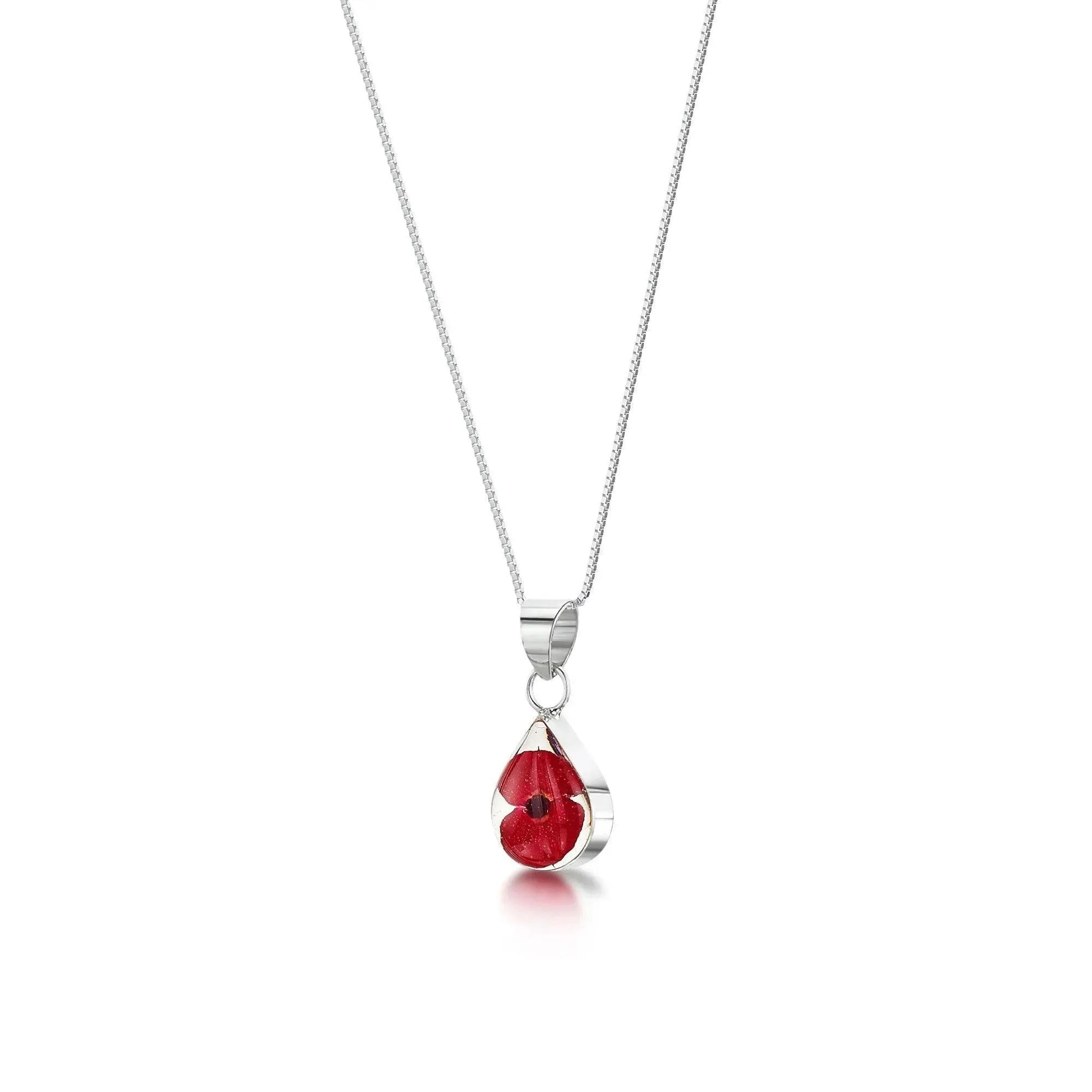 Real Poppy Flower Sterling Silver Teardrop Necklace
