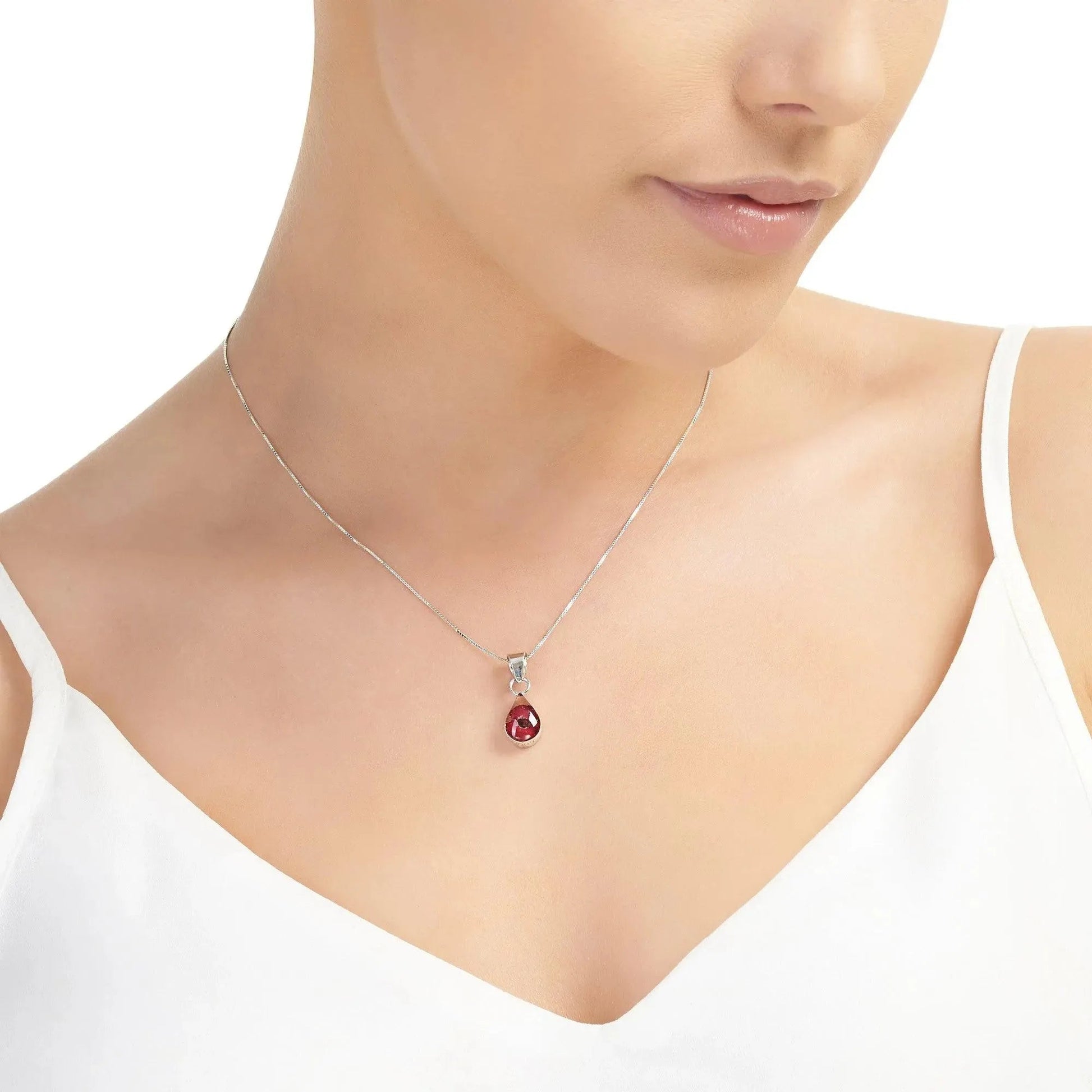 Real Poppy Flower Sterling Silver Teardrop Necklace