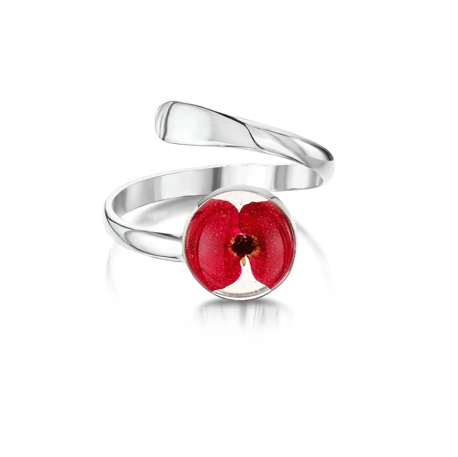 Poppy Ring Sterling Silver Adjustable with Real Flower