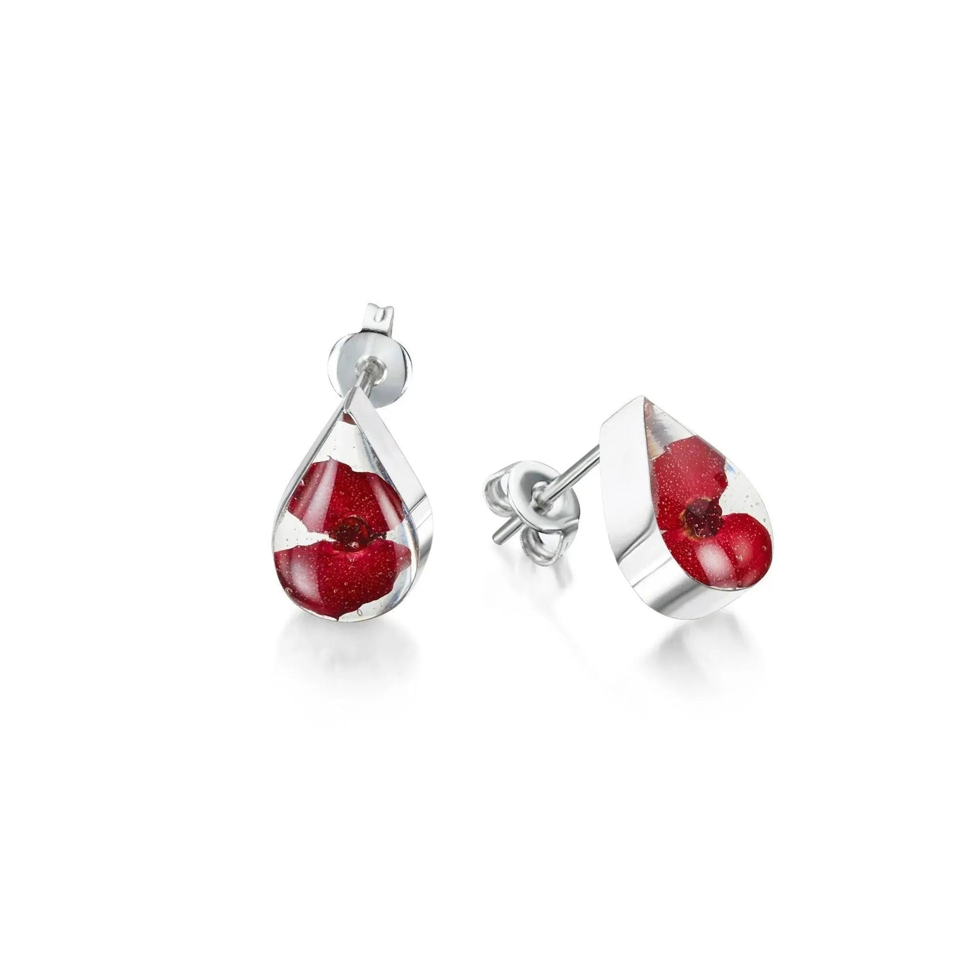 Poppy Teardrop Stud Earrings Sterling Silver with Real Flowers