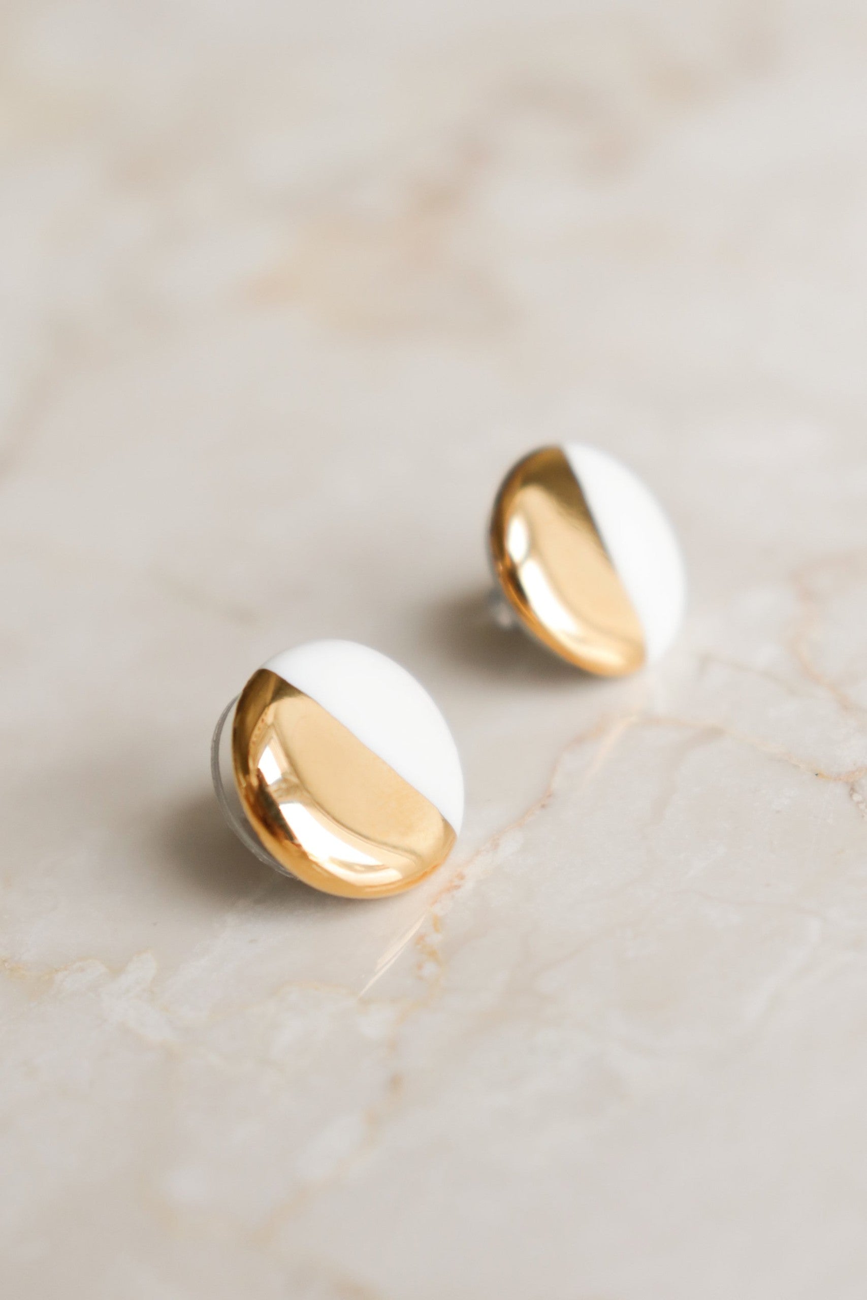 Porcelain Round Stud Earrings - White and Gold