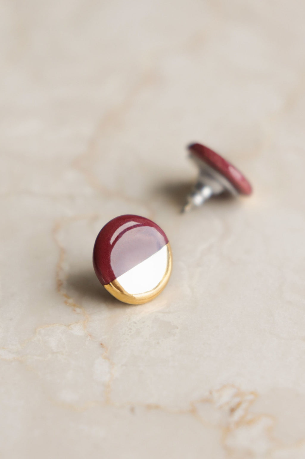 Porcelain Round Stud Earrings - Burgundy and Gold
