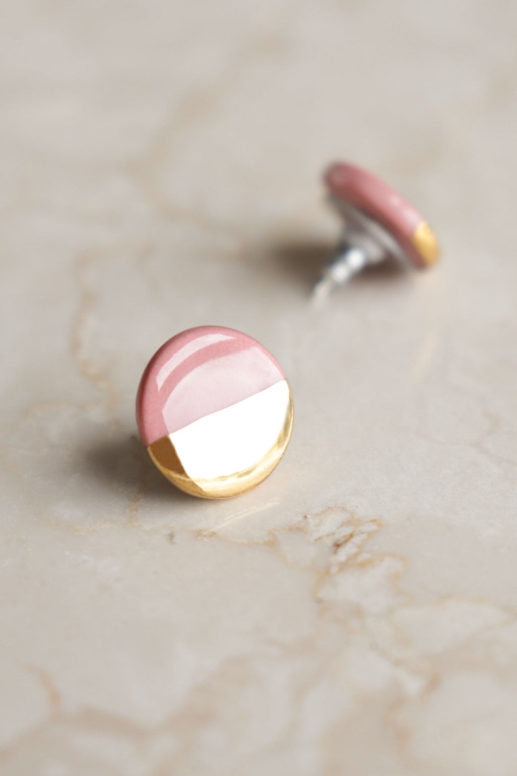 Porcelain Round Stud Earrings - Pink and Gold