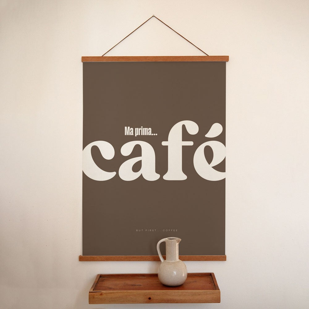 bold elegant cafe poster on a dark wall with dramatic lighting
