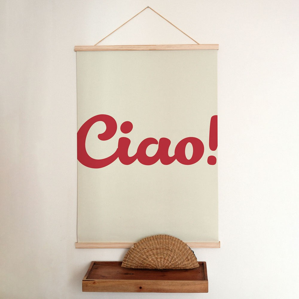 bold minimalist ciao poster on a stark white wall in dramatic morning light
