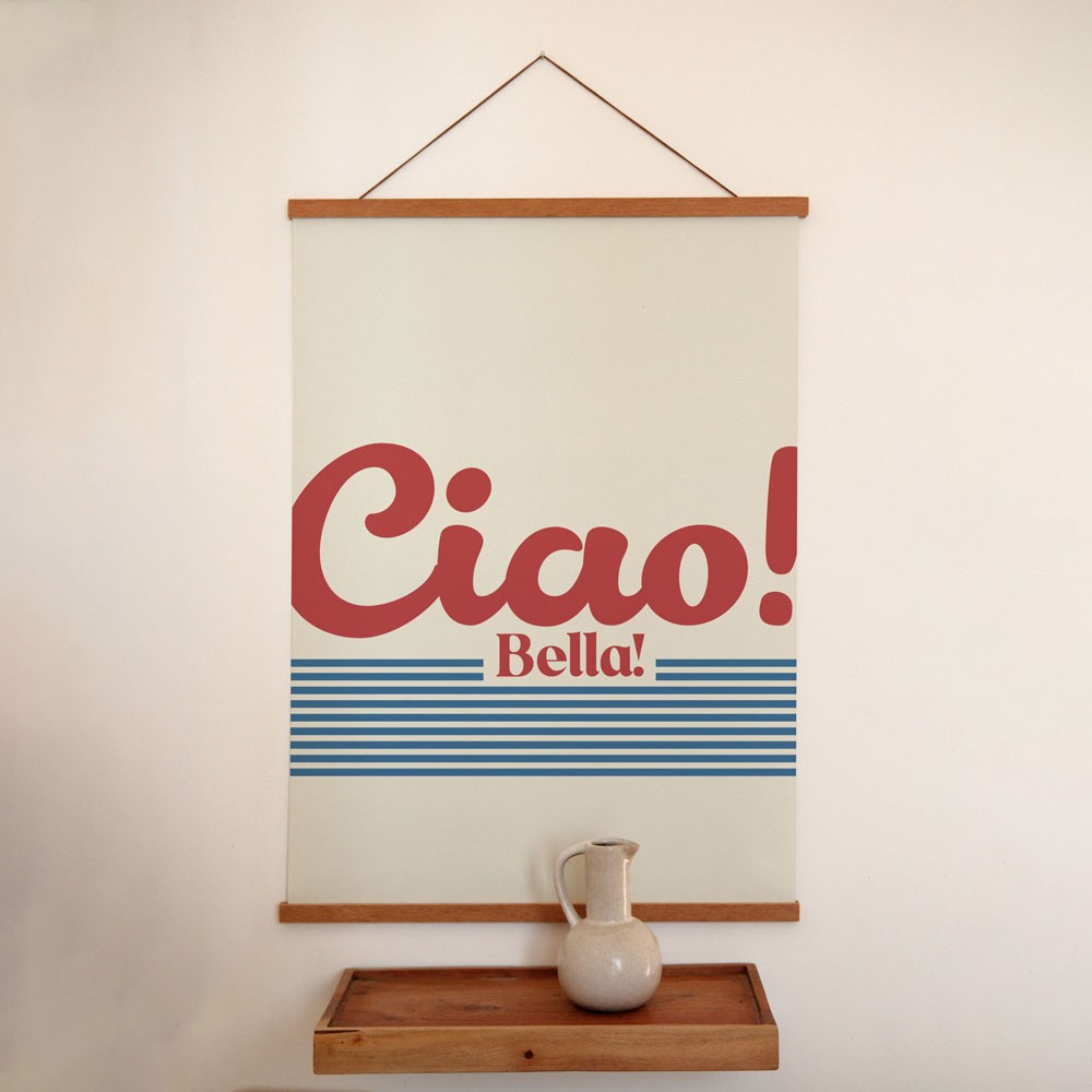 bold ciao bella poster on a dark wall, minimalist italian typography making a confident statement