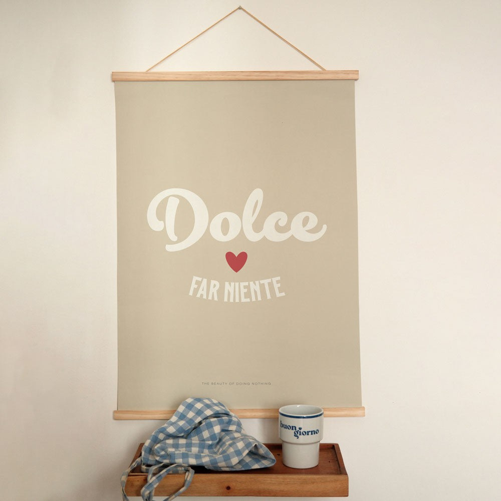bold dolce far niente poster with minimalist italian typography on a dark wall