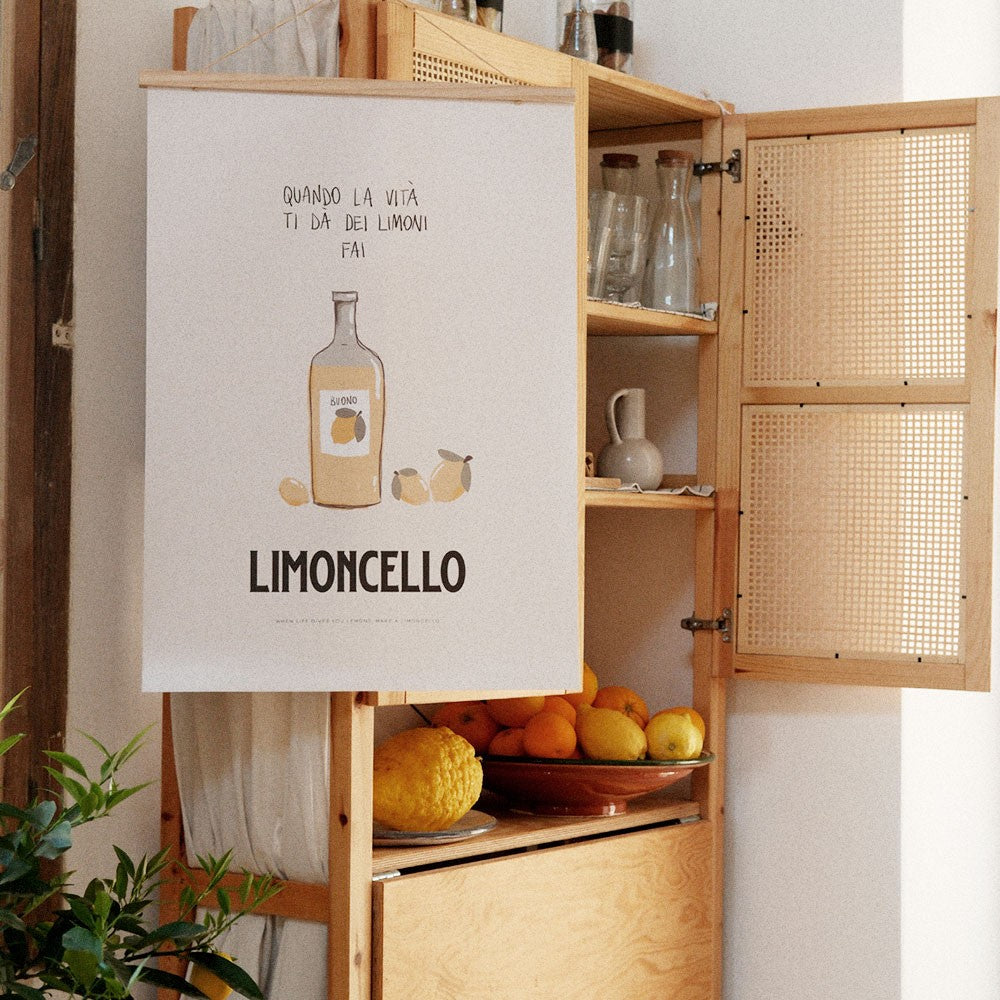 softly lit limoncello poster with warm italian typography on a cozy kitchen wall