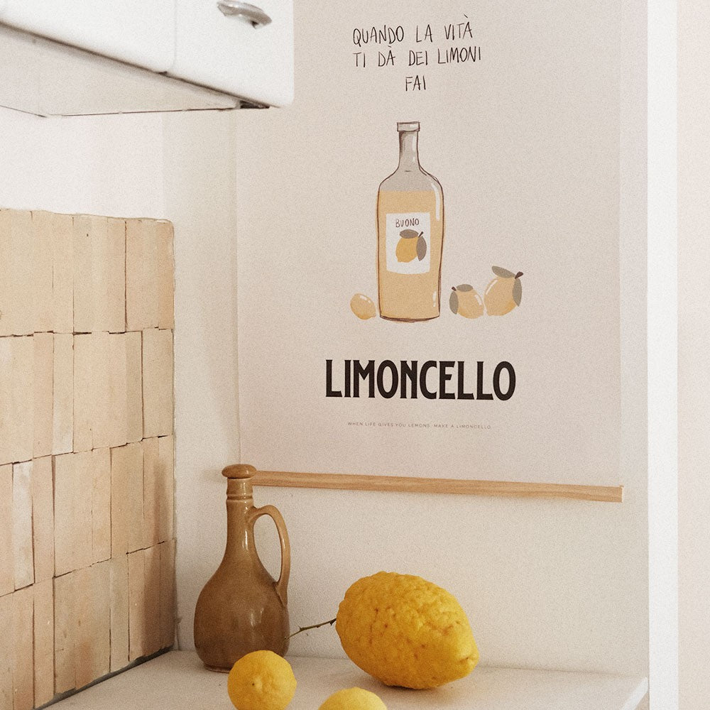 playful limoncello poster with sweet italian typography on a sun-drenched rustic table