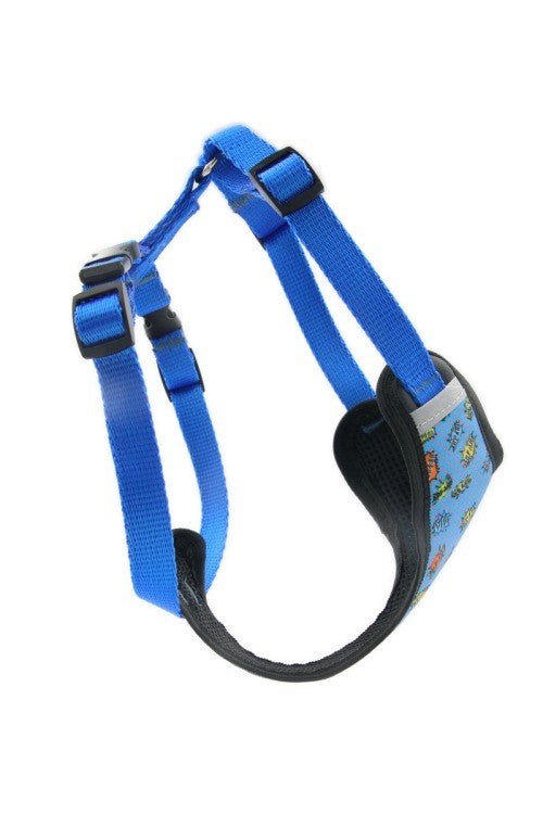 elegant blue graffiti dog harness with reflective trim on a minimalist background