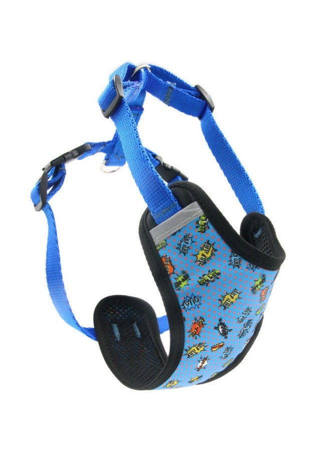 functional blue graffiti dog harness with adjustable straps and reflective trim shown on a model