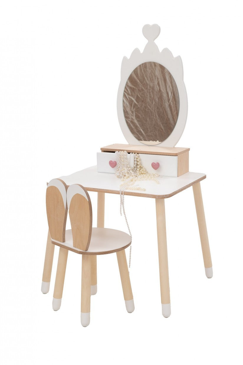 elegant latvian birch princess table and chair set with a large mirror and open drawers