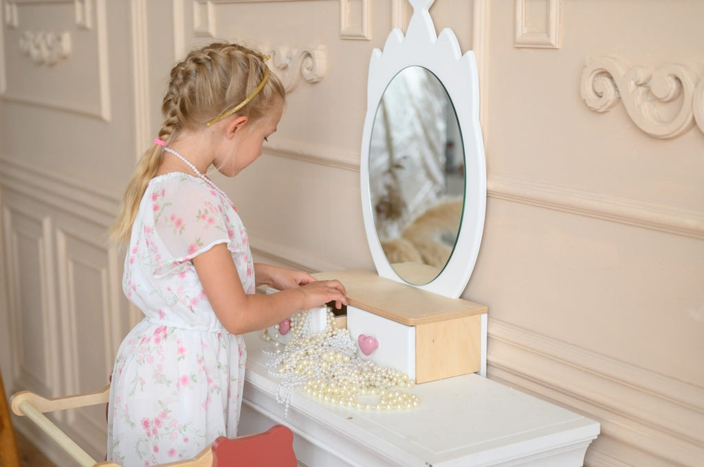 practical view of the enchanted princess beauty table's drawers and chair dimensions