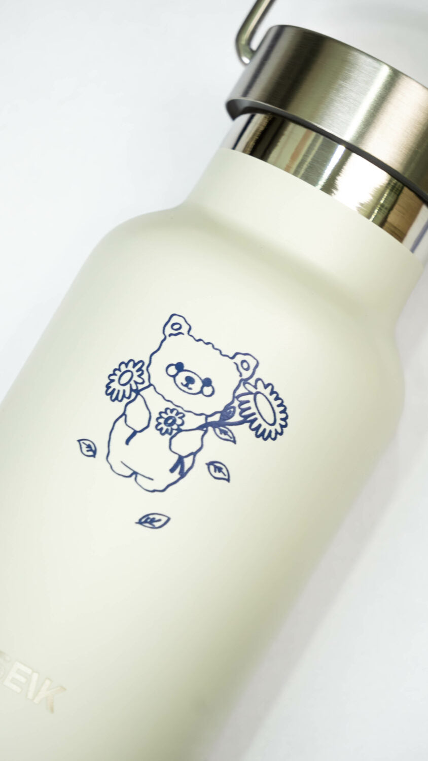 bold beige bear water bottle with sleek stainless steel and a confident design