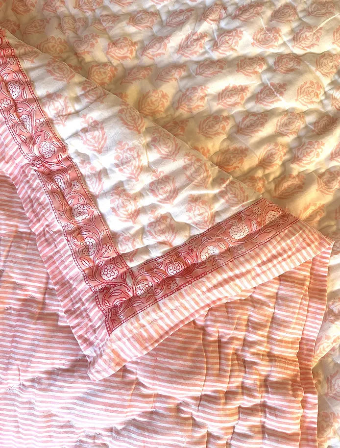 Rose Pink Hand Block Printed Organic Cotton Baby Quilt