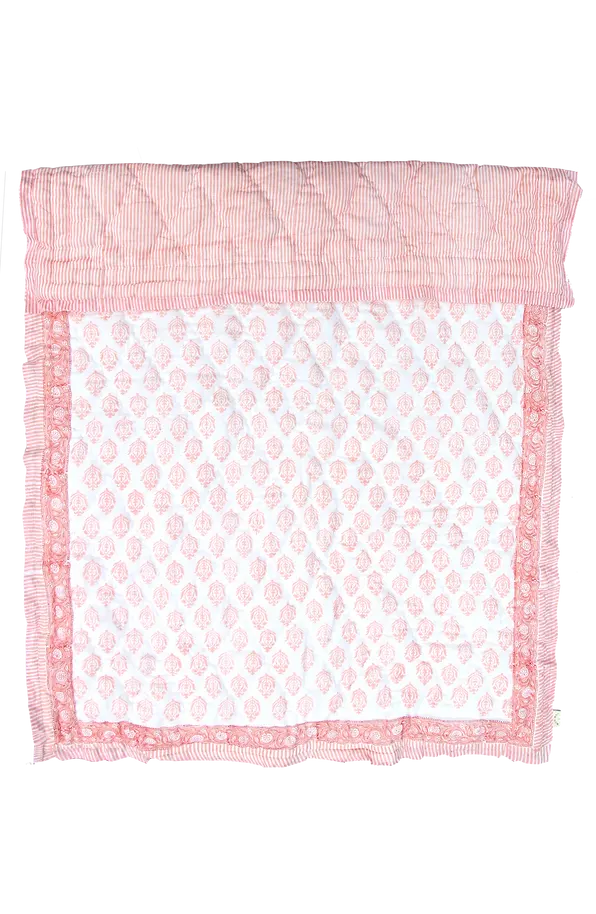 Rose Pink Hand Block Printed Organic Cotton Baby Quilt