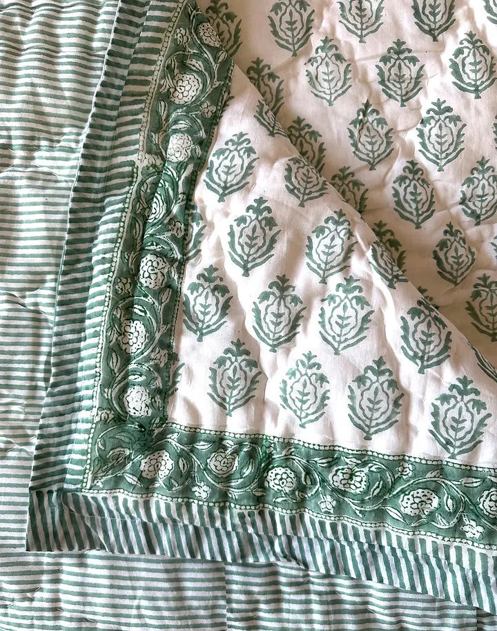 Sage Green Hand Block Printed Baby Quilt
