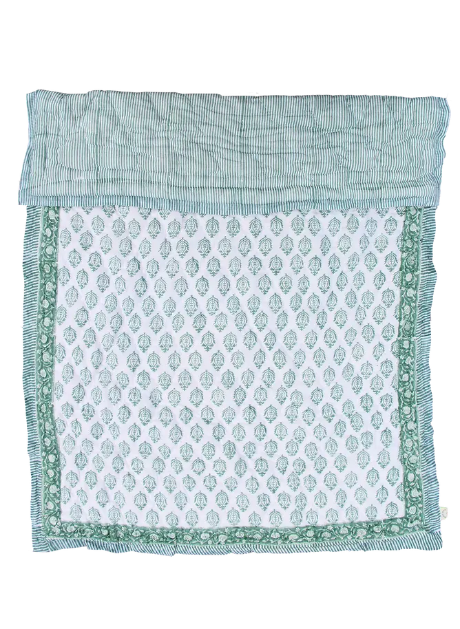 Sage Green Hand Block Printed Baby Quilt