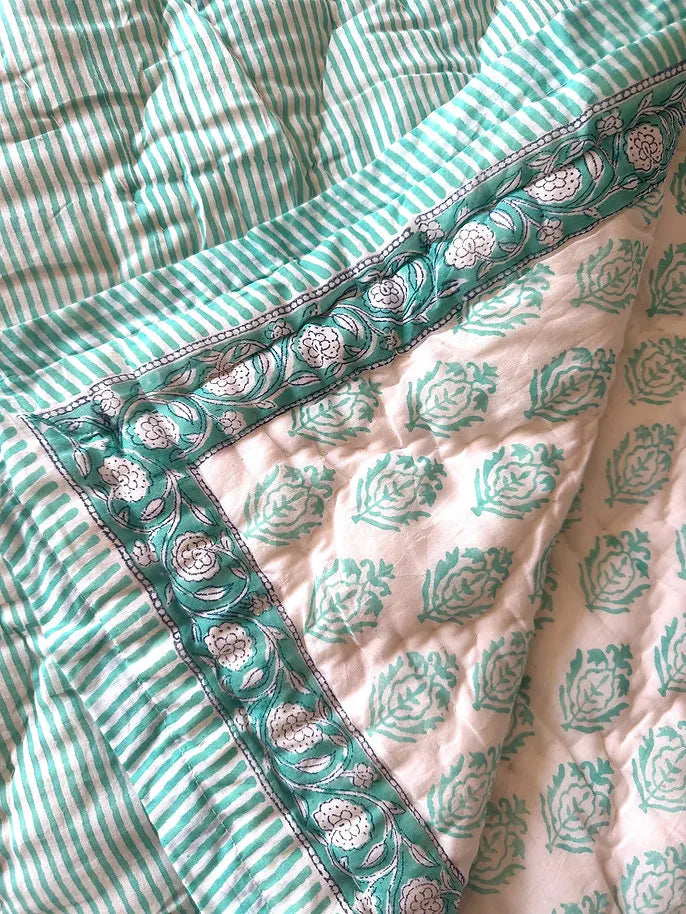 Sea Blue Hand Block Printed Baby Quilt