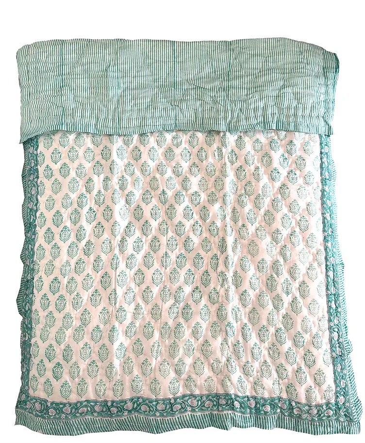 Sea Blue Hand Block Printed Baby Quilt