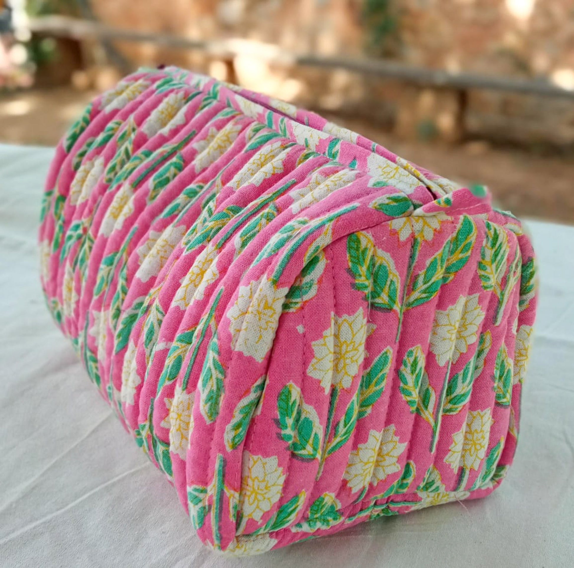 Large Quilted Block Print Makeup Bag