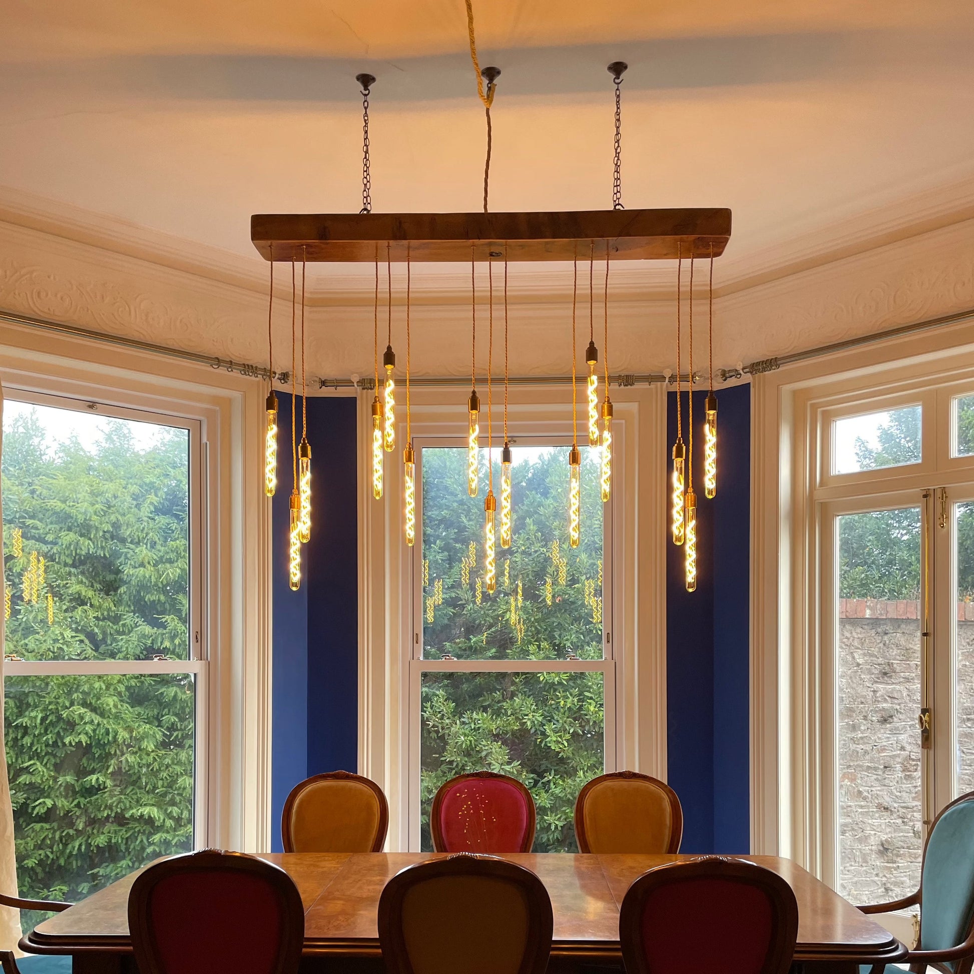 Quintriplet Oak Beam Chandelier with Cascading Pendant Clusters