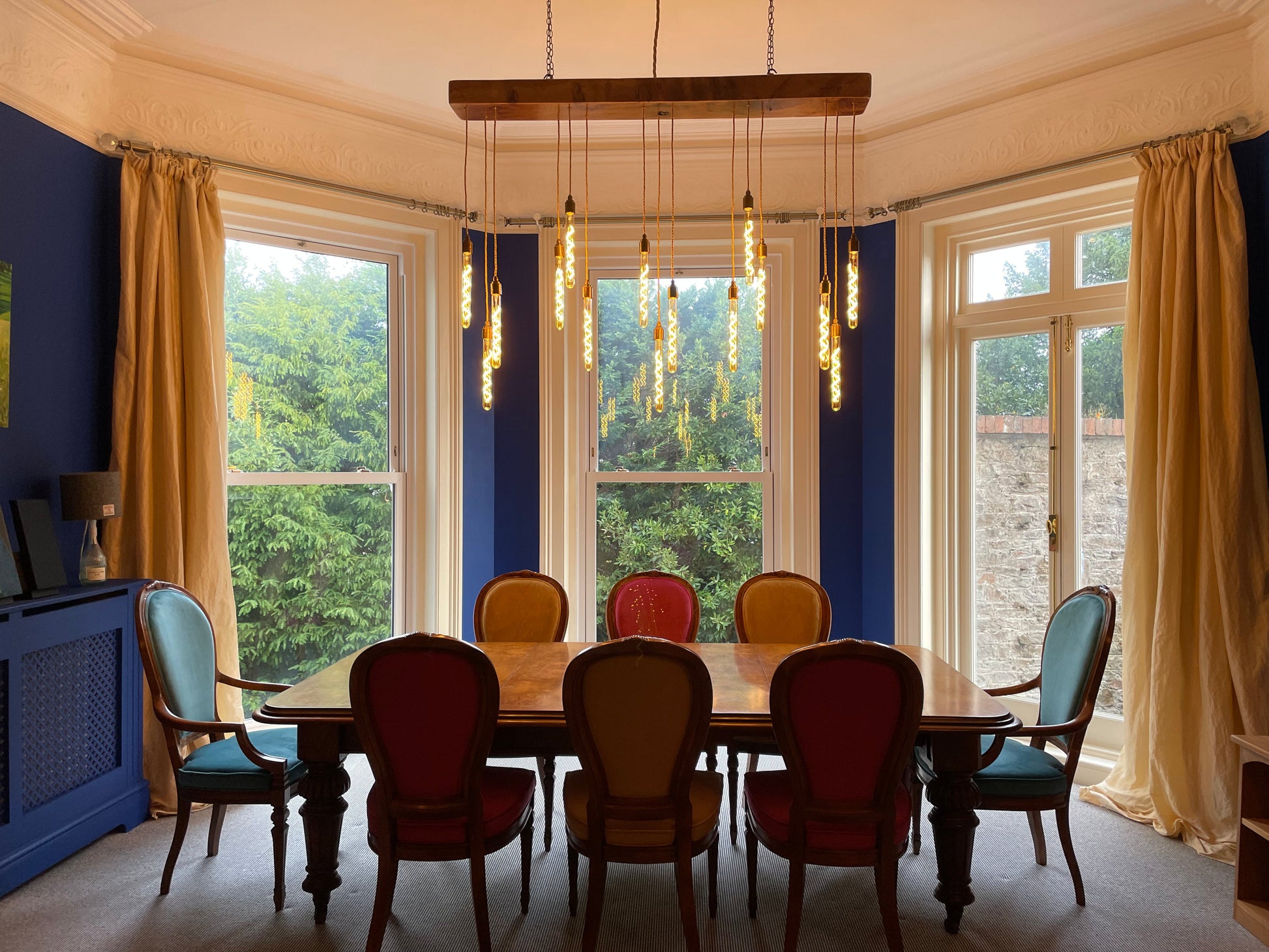 Quintriplet Oak Beam Chandelier with Cascading Pendant Clusters