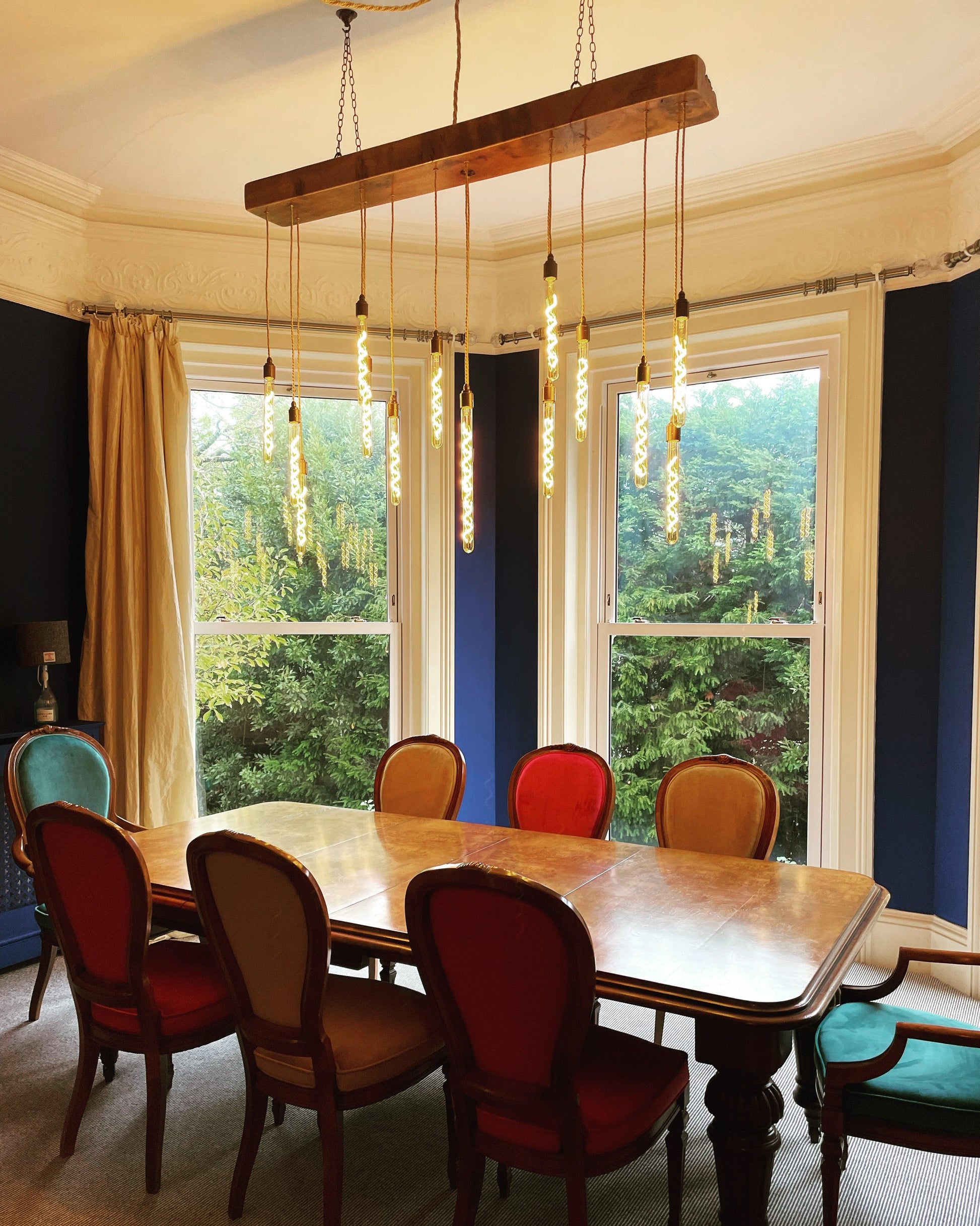 Quintriplet Oak Beam Chandelier with Cascading Pendant Clusters