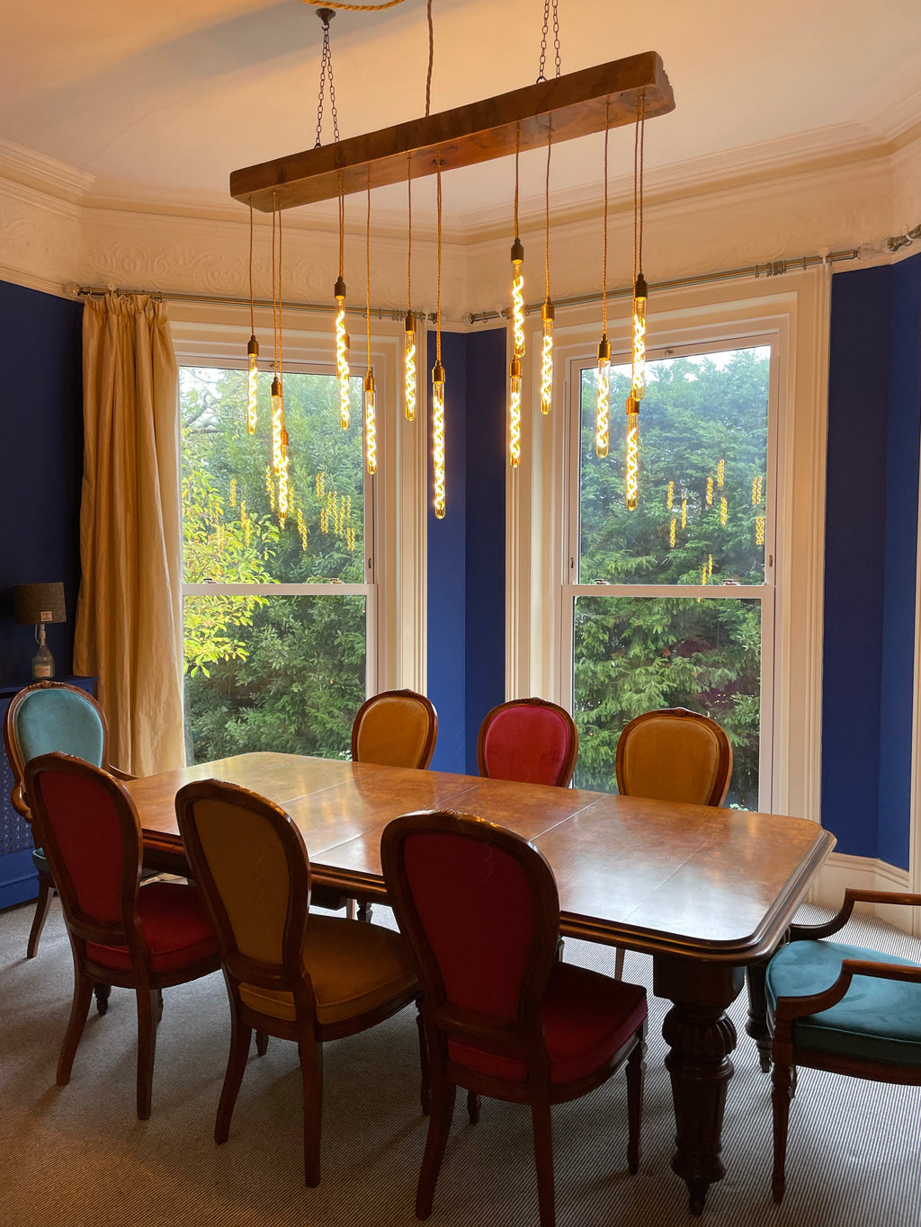 Quintriplet Oak Beam Chandelier with Cascading Pendant Clusters