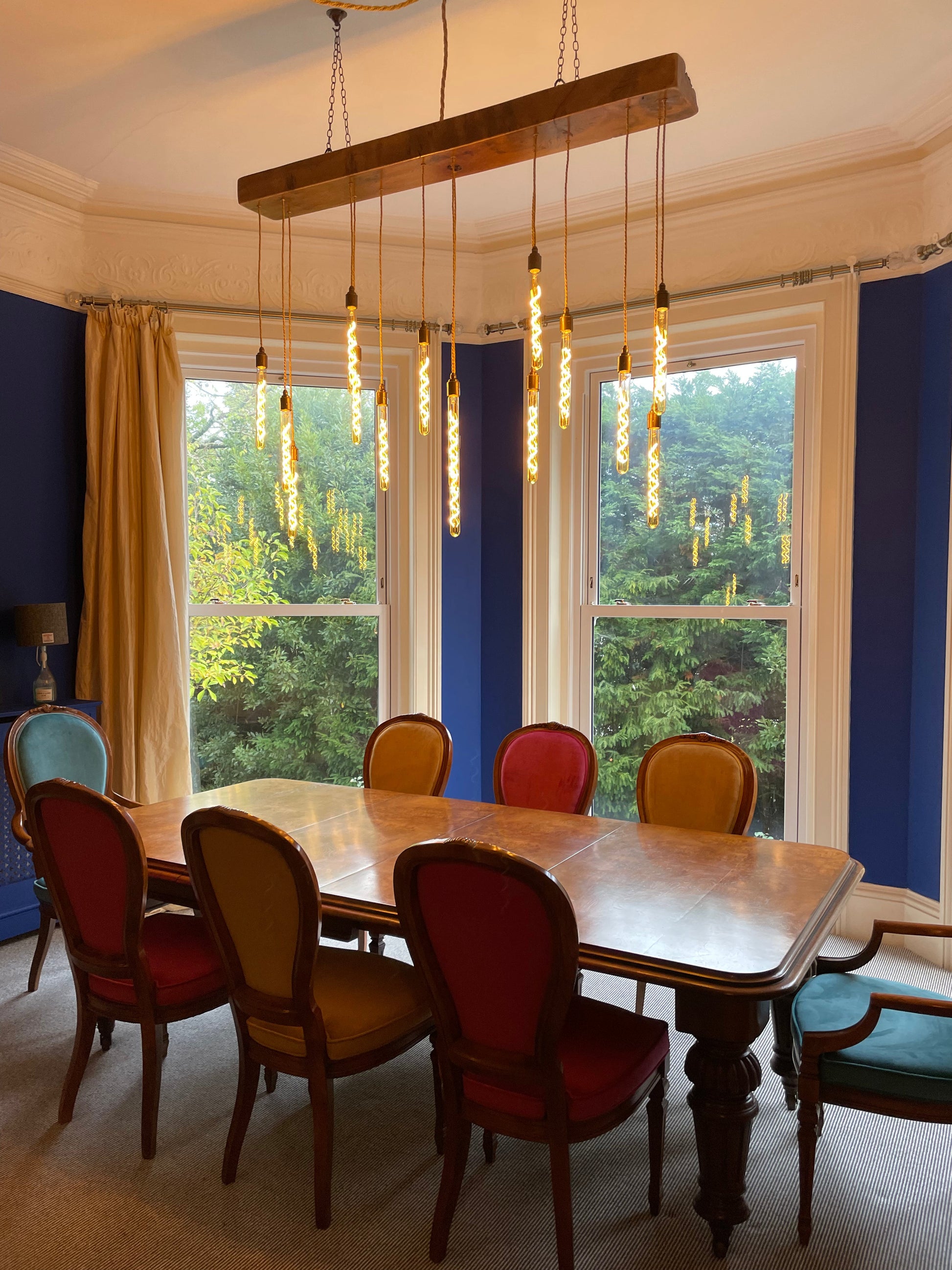 Quintriplet Oak Beam Chandelier with Cascading Pendant Clusters