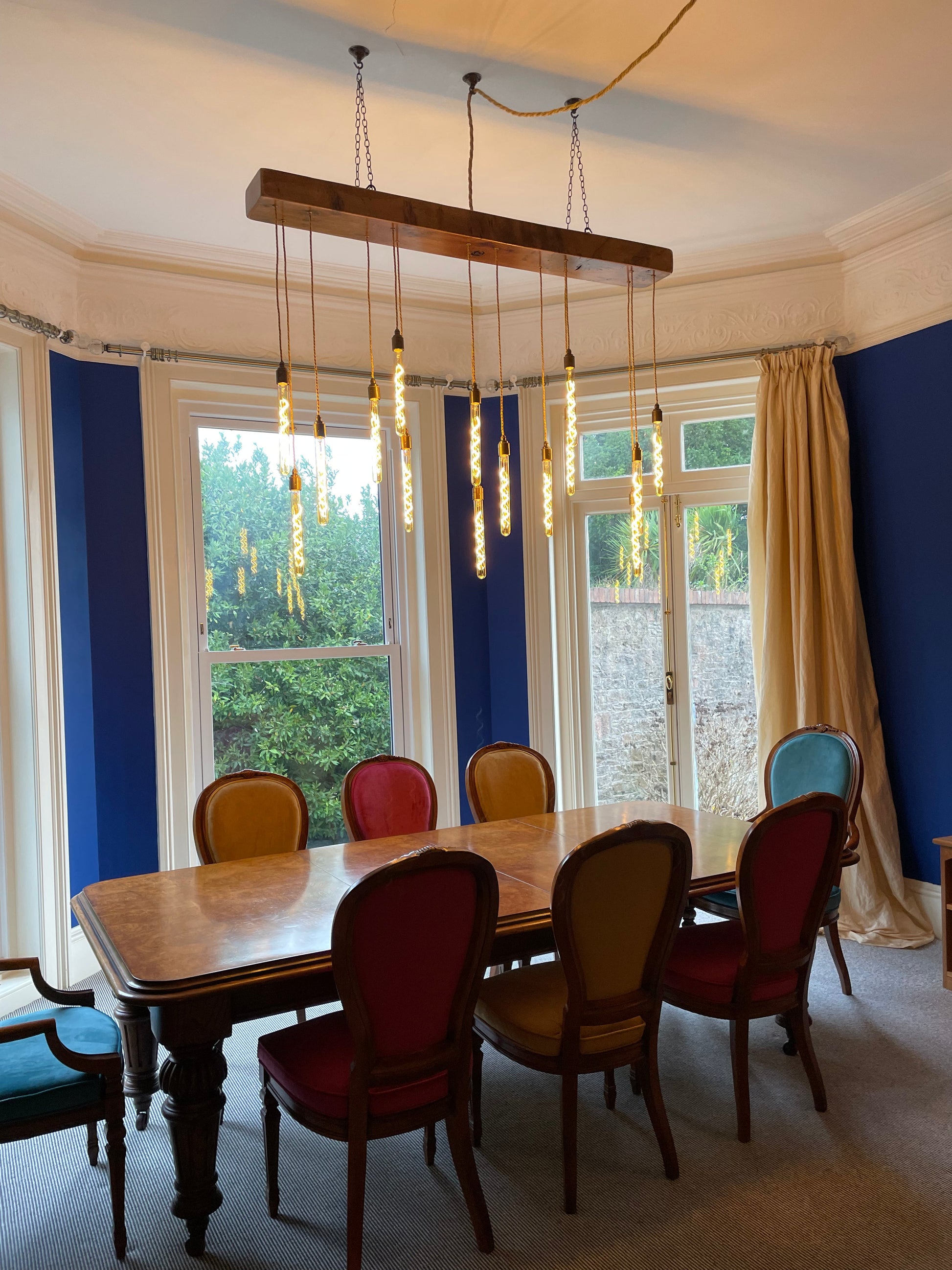 Quintriplet Oak Beam Chandelier with Cascading Pendant Clusters