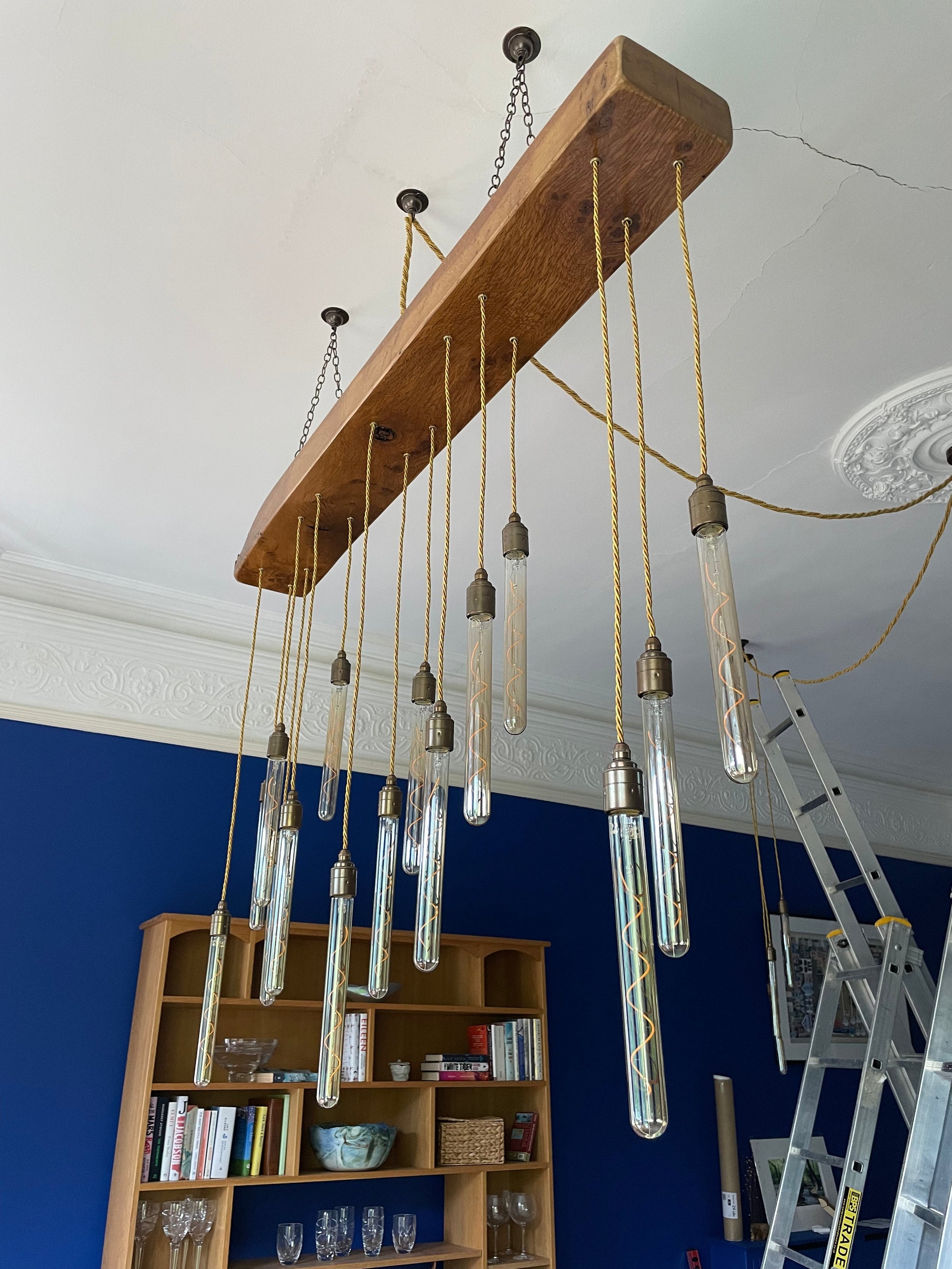 Quintriplet Oak Beam Chandelier with Cascading Pendant Clusters