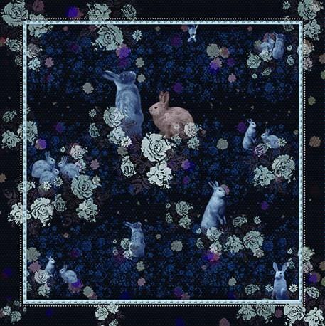 Midnight Blue Scarf with Bunnies and Florals Print