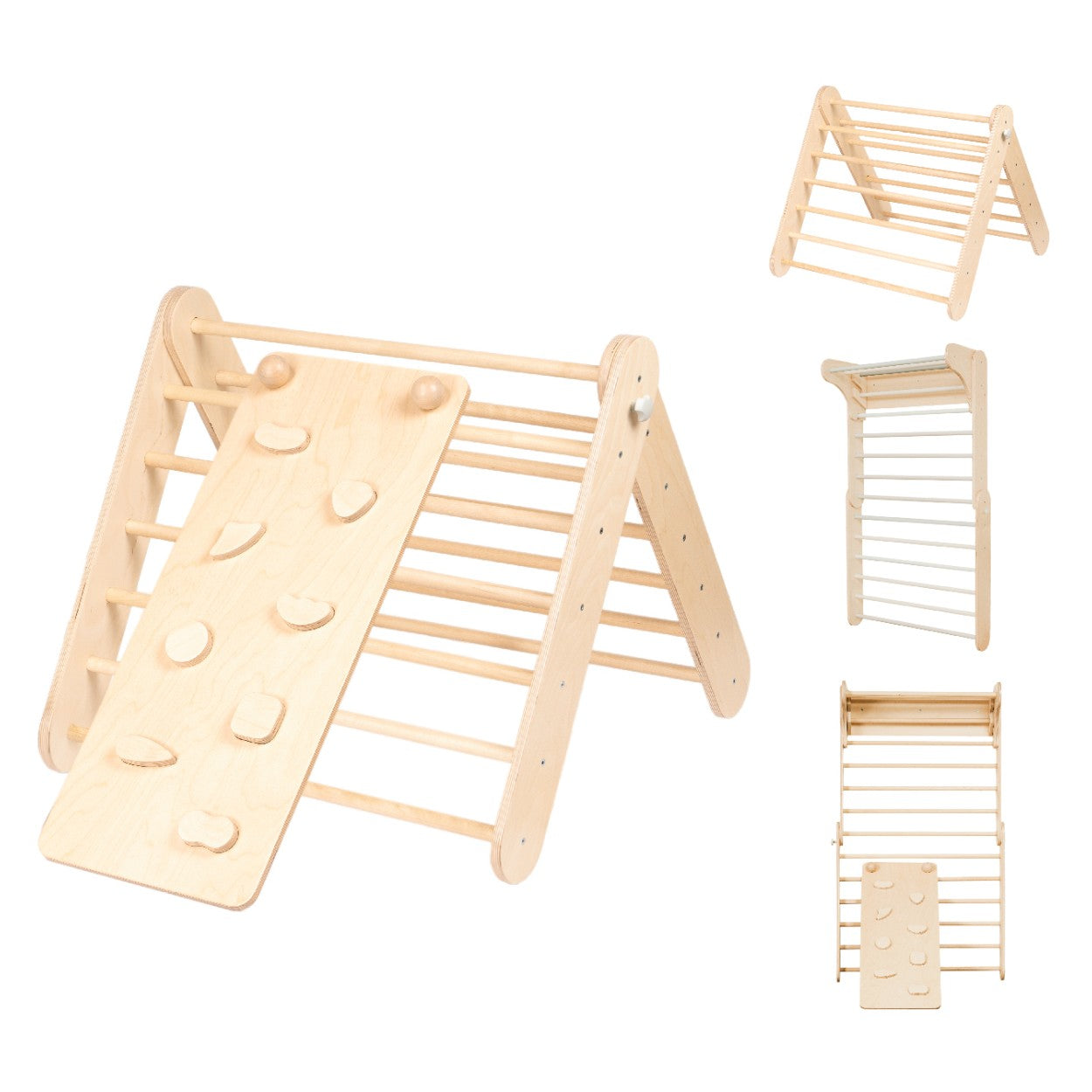 a toddler giggling while sliding down the birch plywood climbing ramp on their belly