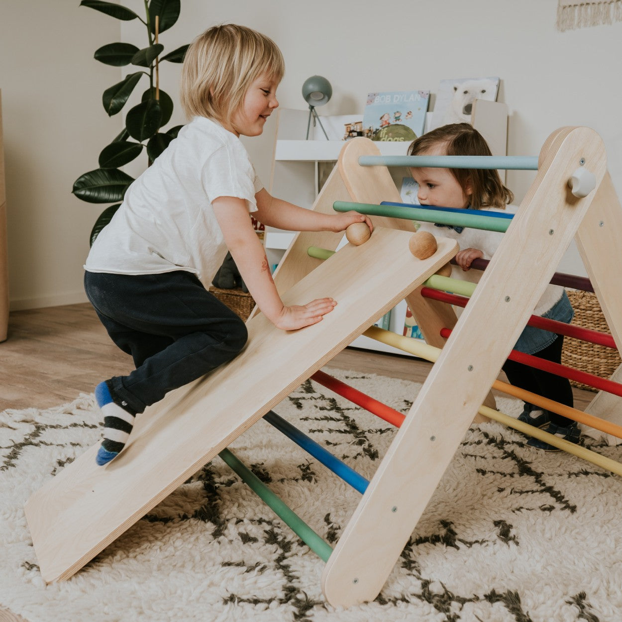 a bold rainbow climbing ramp with tactile rock grips on a birch plywood slope