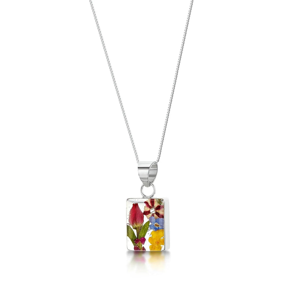 Rectangle Pendant Necklace Sterling Silver with Real Flowers