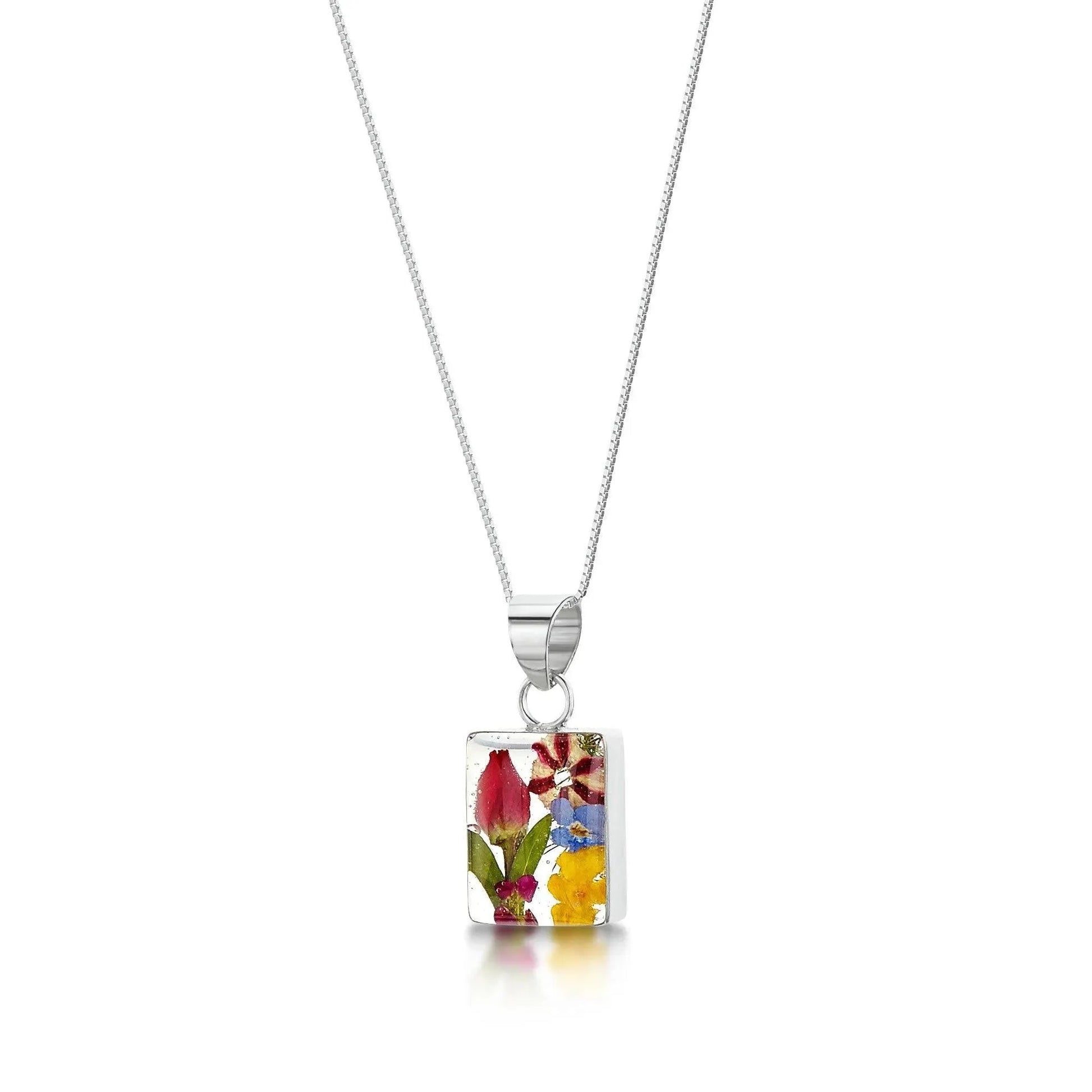 Rectangle Pendant Necklace Sterling Silver with Real Flowers