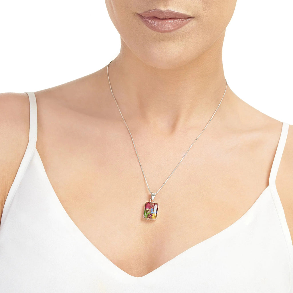 Rectangle Pendant Necklace Sterling Silver with Real Flowers