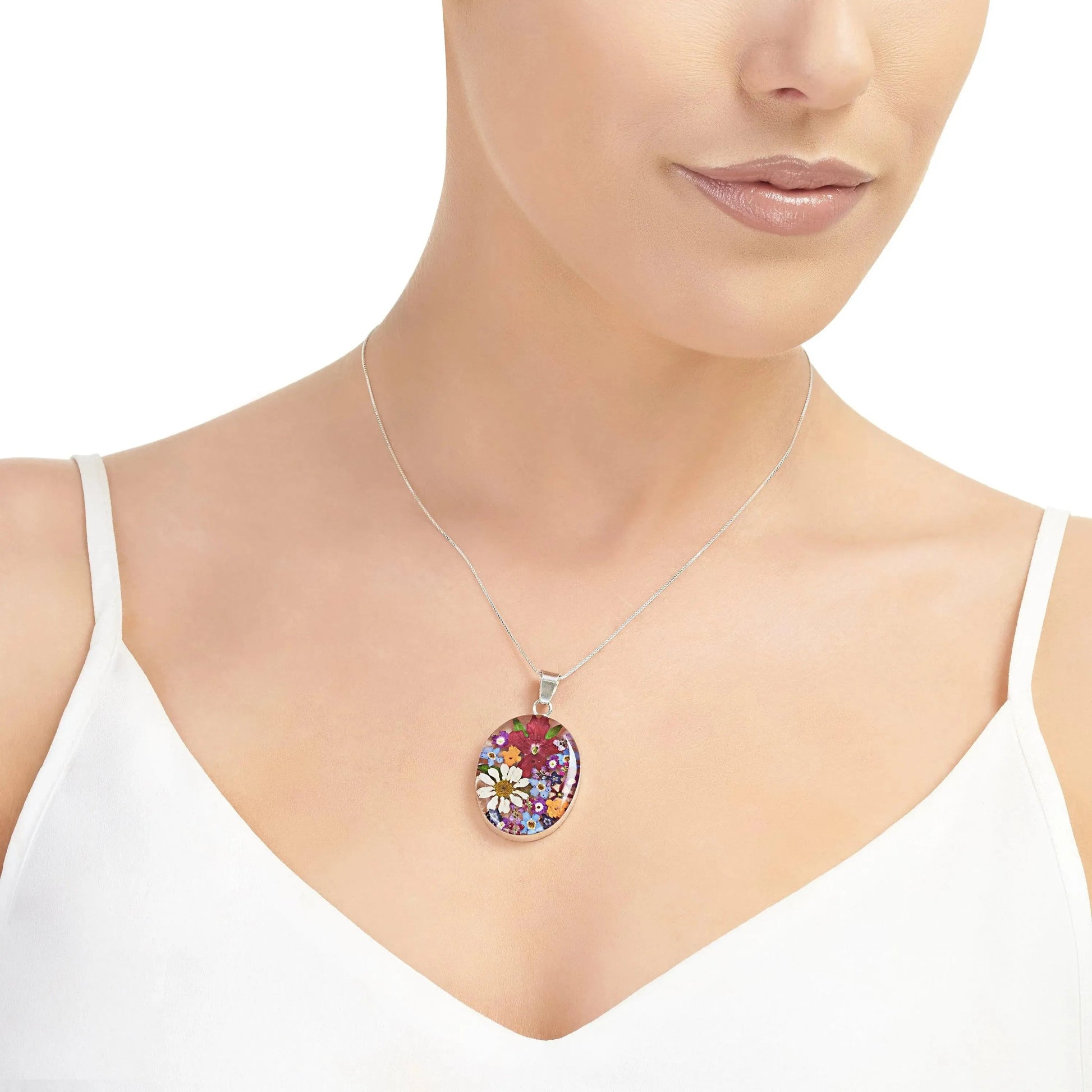 Real Flower Sterling Silver Oval Necklace