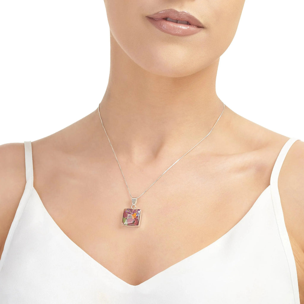 Sterling Silver Square Pendant Necklace with Real Flowers