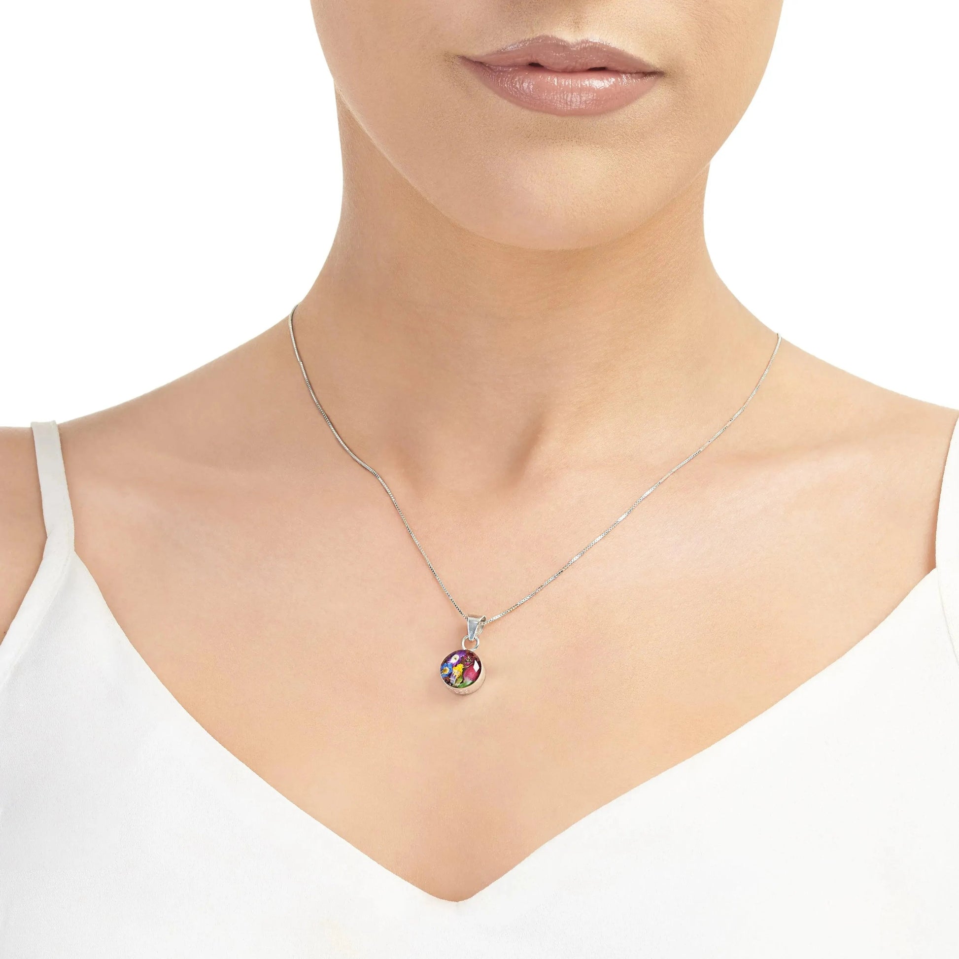 Sterling Silver Small Round Pendant with Real Flowers