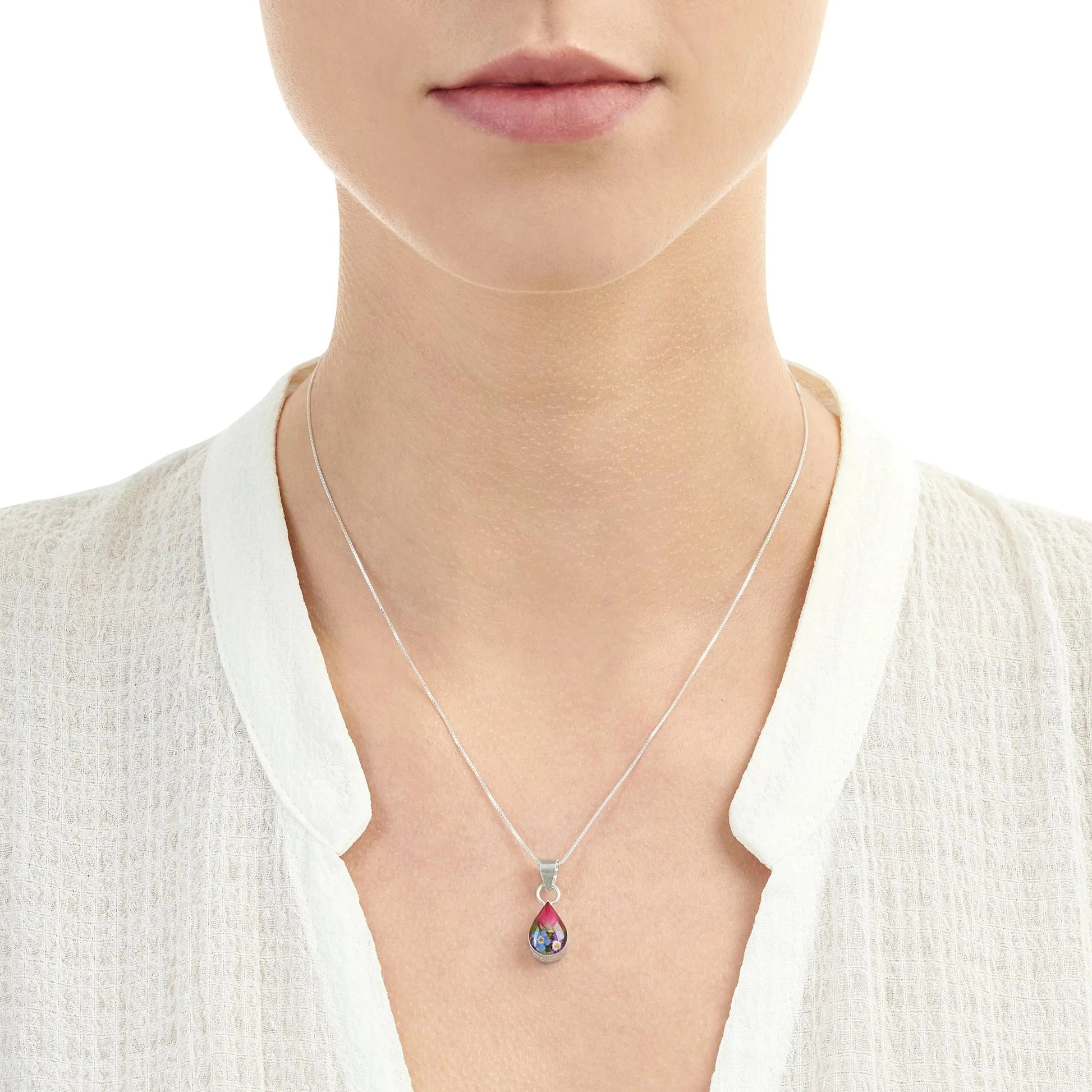 Real Flower Teardrop Pendant Necklace in Sterling Silver