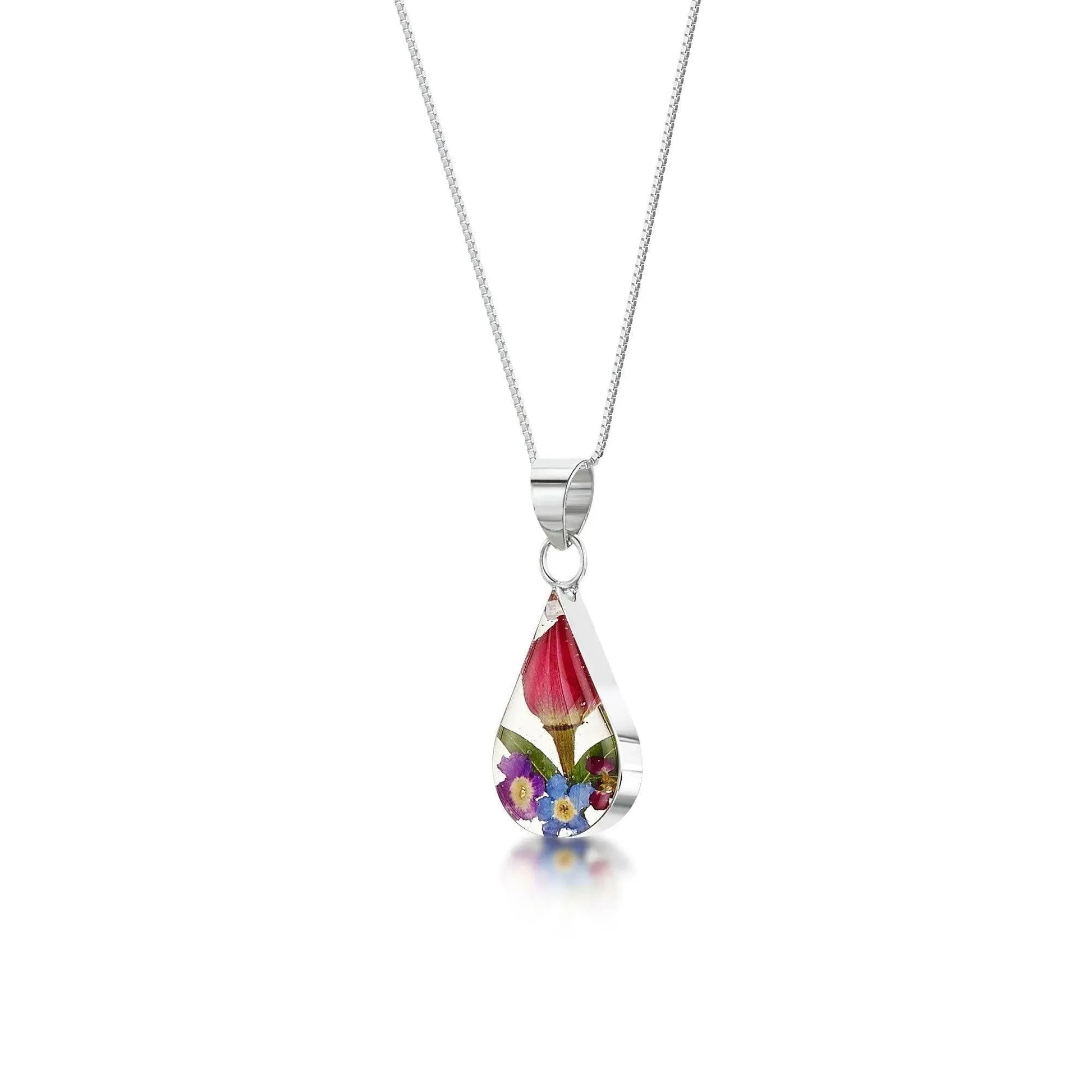 Sterling Silver Teardrop Necklace with Real Flowers
