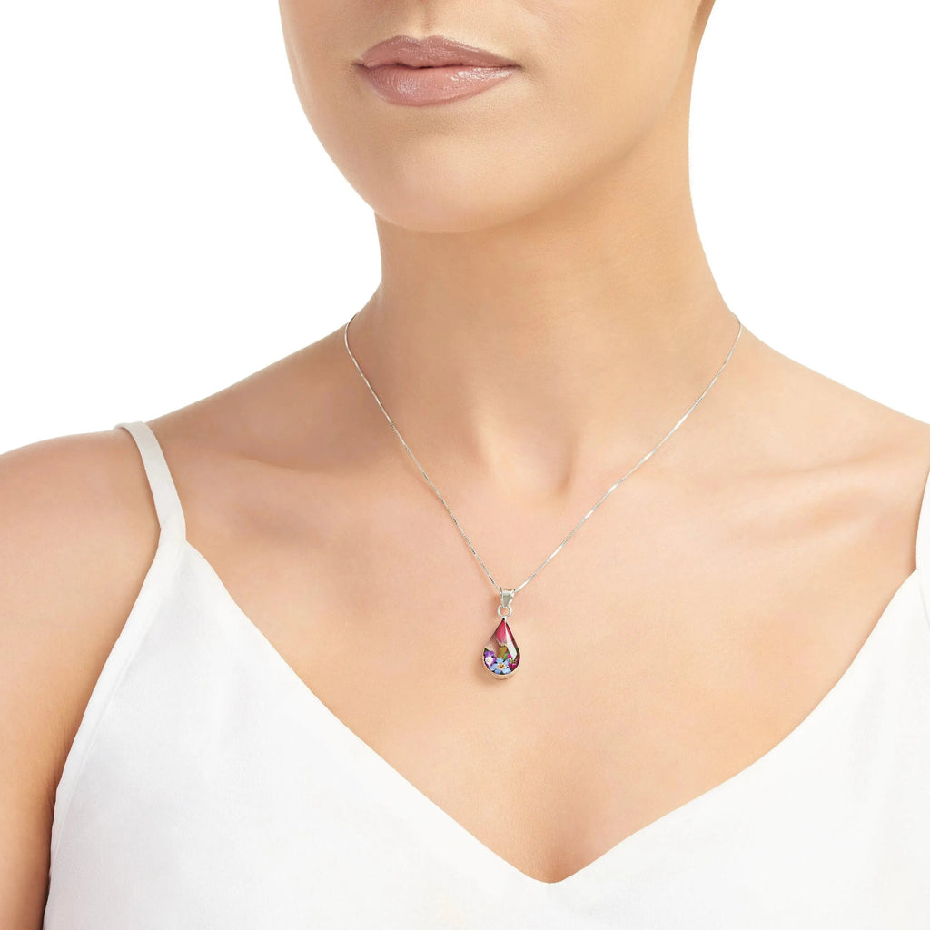 Sterling Silver Teardrop Necklace with Real Flowers