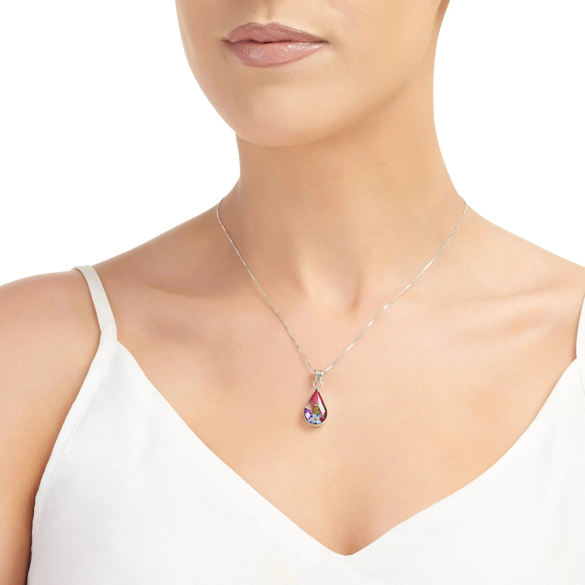 Sterling Silver Teardrop Necklace with Real Flowers