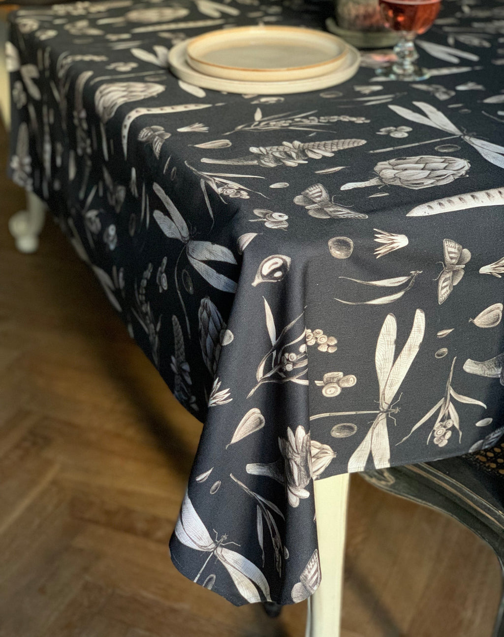 a playful close-up of the quirky seeds carbon print cotton tablecloth