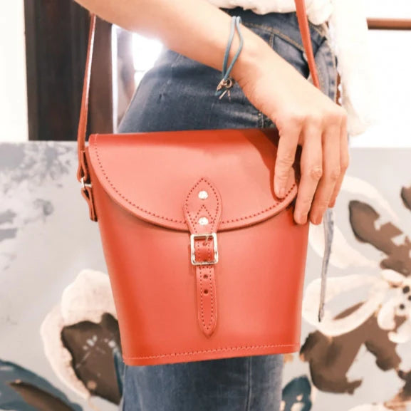 Red Leather Barrel Bag Handmade