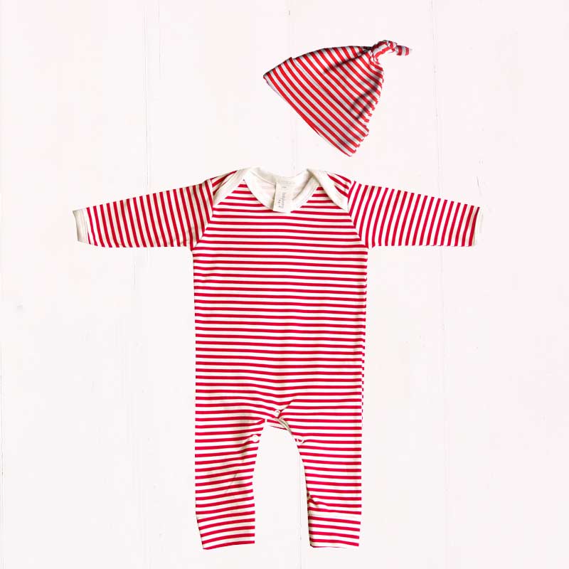 Red and White Stripe Baby Outfit Set with Hat and Sleepsuit