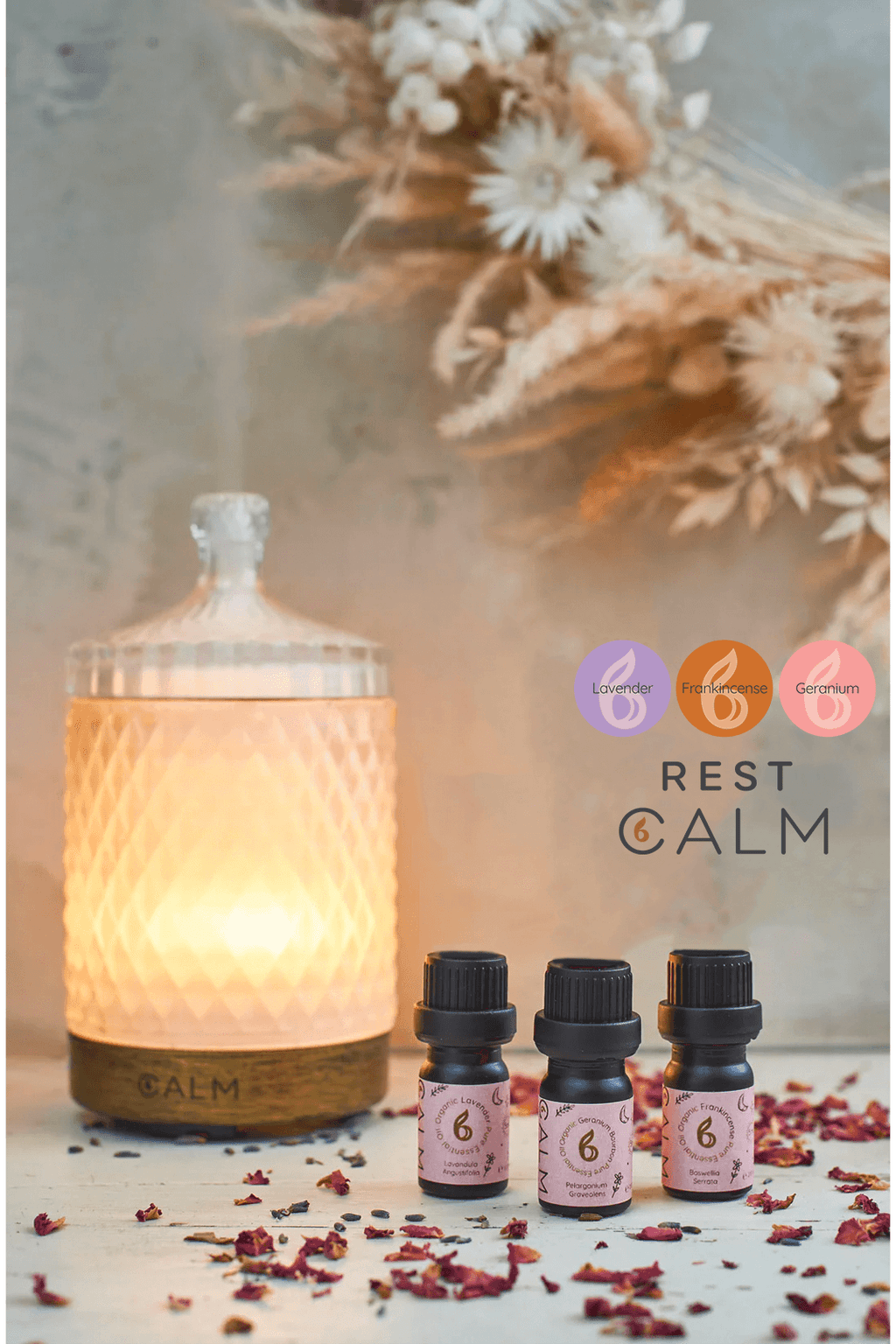 Geo Cut Glass Aroma Diffuser with Rest Calm Oil Set