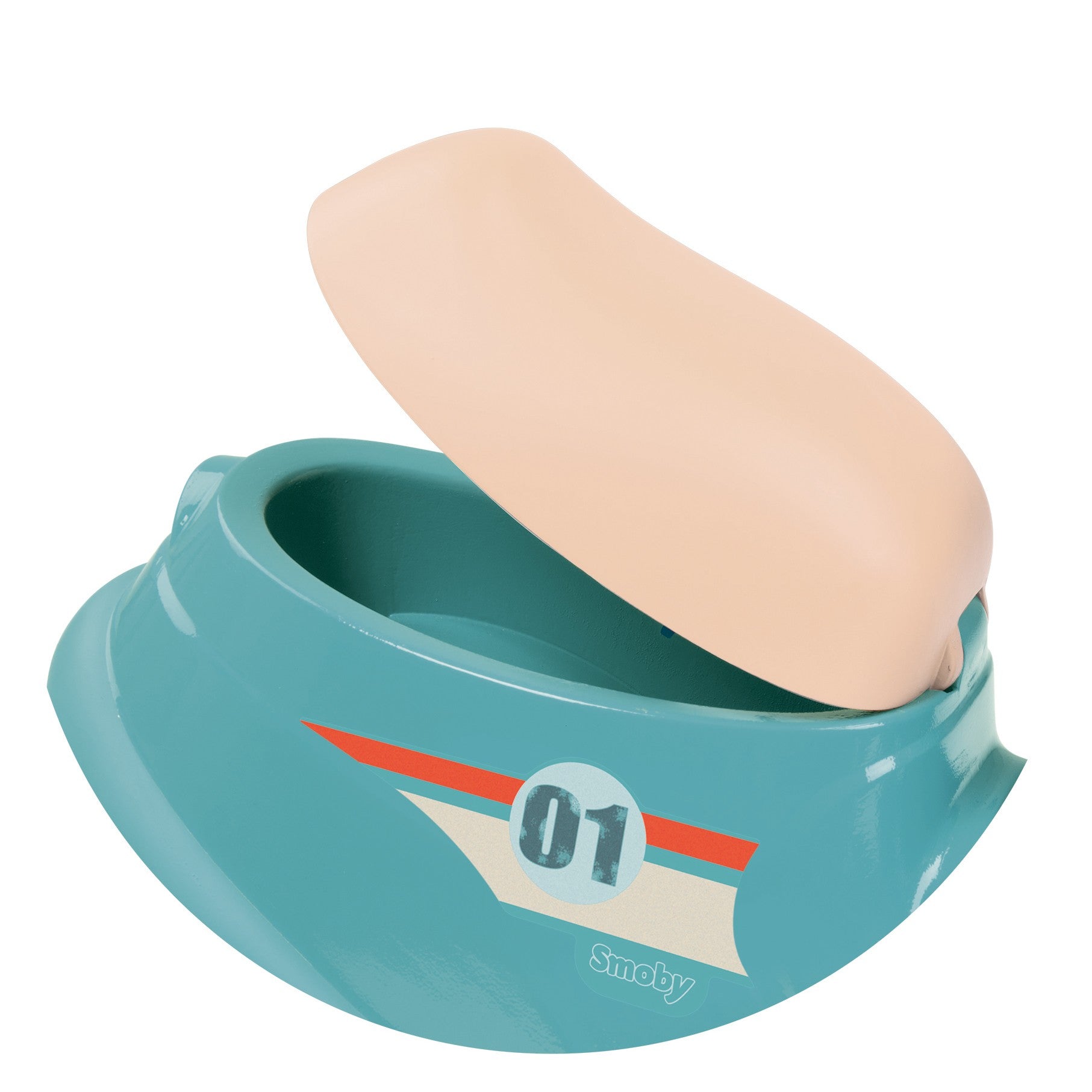 a child beaming with joy while riding the blue retro scooter in a sunny garden